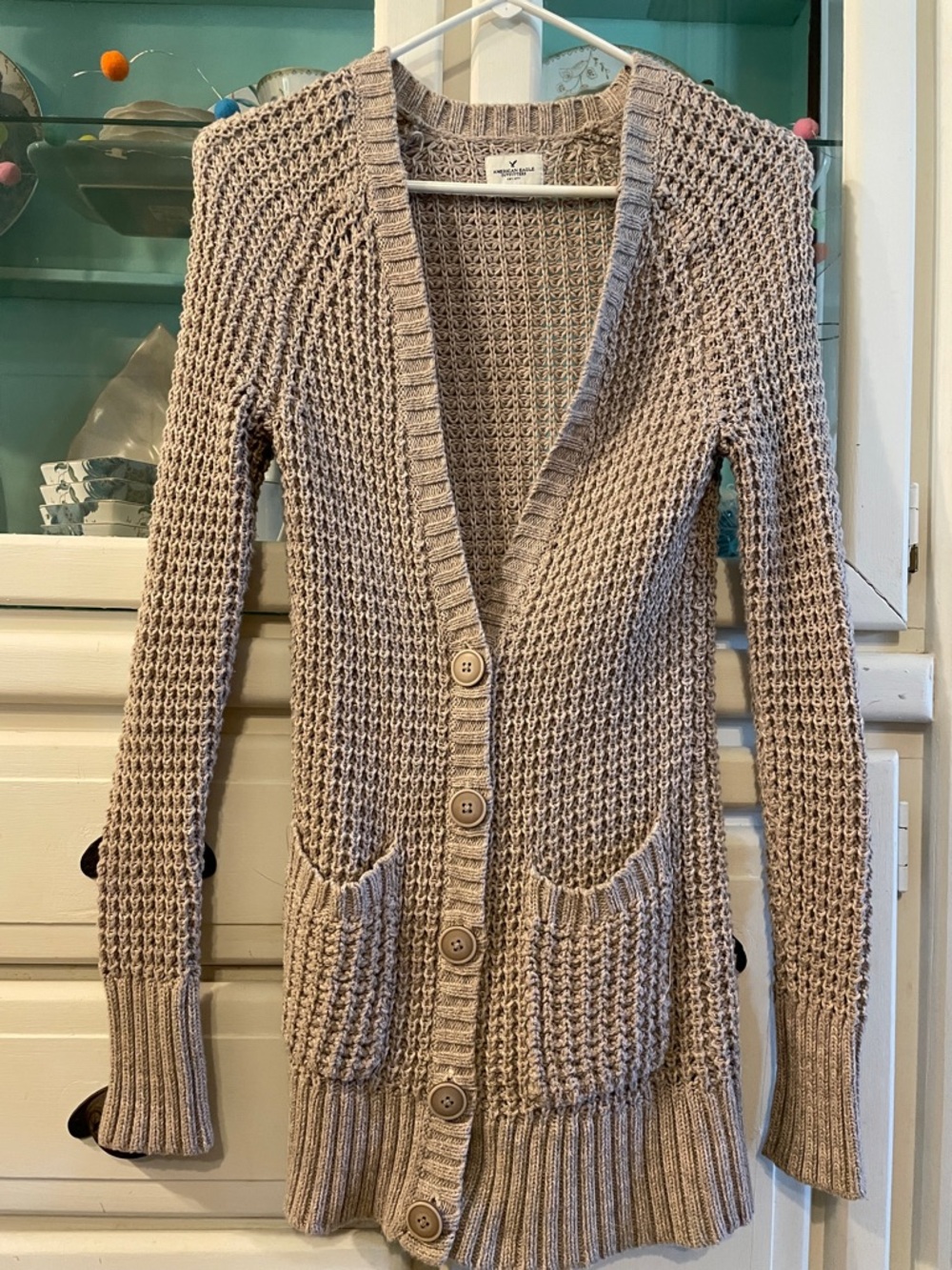 American Eagle Outfitters Beige Waffle Knit Button-Front Cardigan